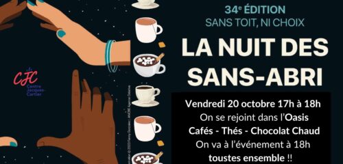 Affiche pour l'événement "Boisson chaude Nuit des Sans-Abri". Des symboles de tasses et des mains