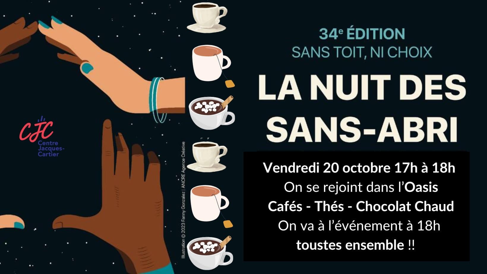 Affiche pour l'événement "Boisson chaude Nuit des Sans-Abri". Des symboles de tasses et des mains